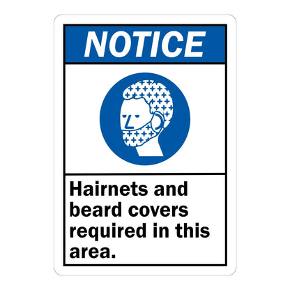ANSI Notice: Hairnets and Beard Covers Required in This Area sign stickers: blue NOTICE header, blue hairnet and beard cover icon, bold black text below it.