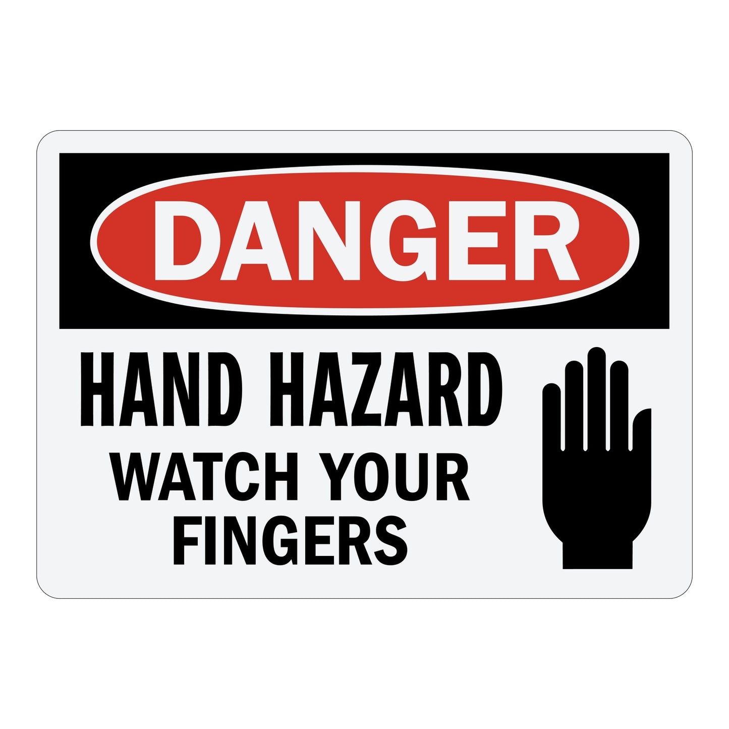 Hand Hazard Watch Your Fingers sign with red Danger header and bold warning text, with safety graphic