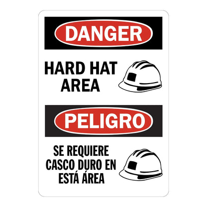 Bilingual OSHA Danger: Hard Hat Area Sign Sticker in English and Spanish with red oval headers and a black hard hat icon, for construction jobsite entrances