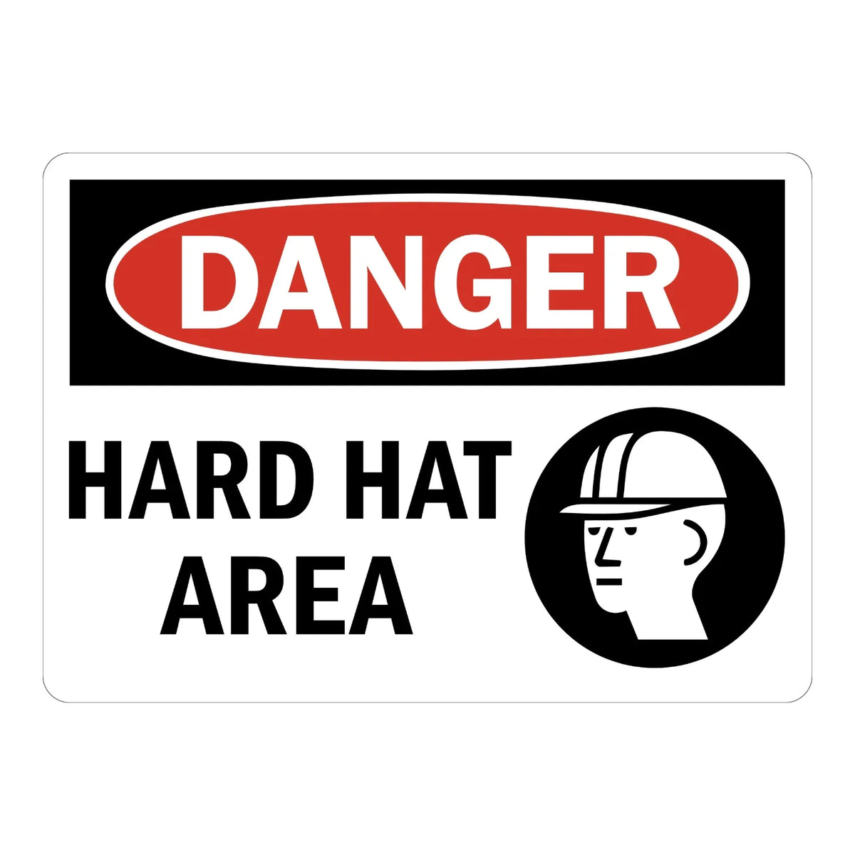OSHA Danger: Hard Hat Area Sign Sticker with a red oval header and a black hard hat icon on white, ideal for marking construction and industrial entry points
