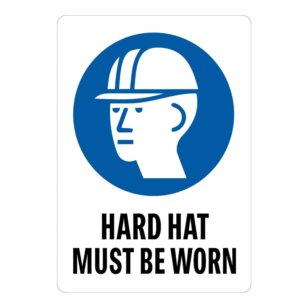 Warning: Construction Symbol Hard Hat Must Be Worn Sign Sticker with a blue hard hat icon on a white background, ideal for construction and industrial sites