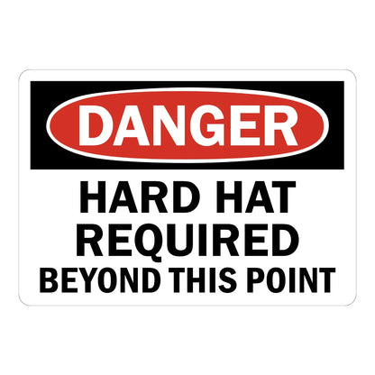 OSHA Danger: Hard Hat Required Beyond This Point Sign Sticker with a red oval header on a white background, ideal for marking construction site checkpoints
