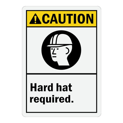 ANSI Caution: Hard Hat Required Sign Sticker with a black hard hat icon on white and a yellow caution header, ideal for construction and industrial job sites