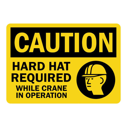 OSHA Caution: Hard Hat Required While Crane in Operation Sign Sticker with a black hard hat icon on a yellow background, ideal for marking crane lift zones