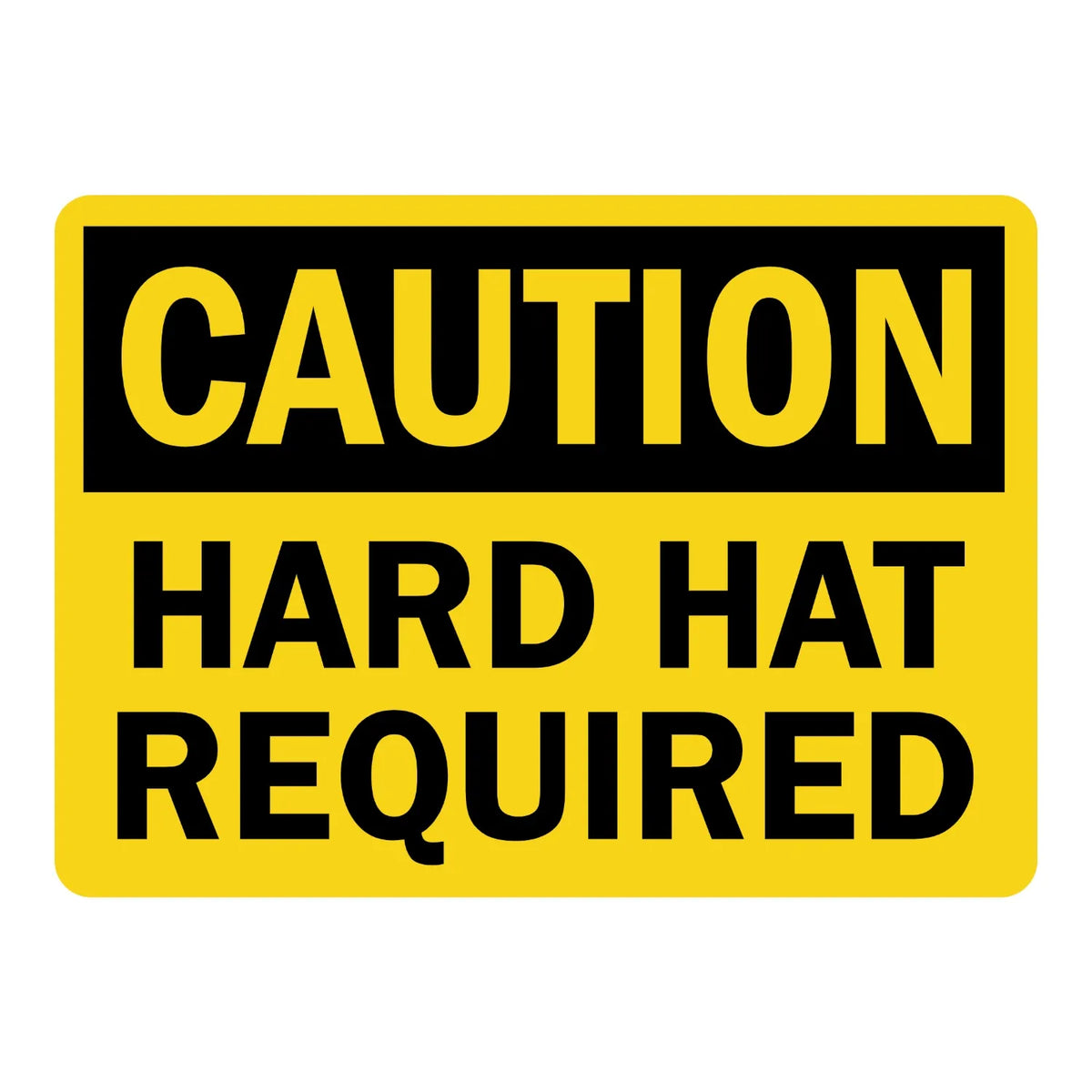 OSHA Caution: Hard Hat Required Sign Sticker with bold black text on a yellow background, ideal for marking construction and industrial jobsite entrance points