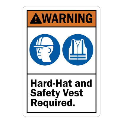ANSI Warning: Hard Hat Safety Vest Required Sign Sticker with an orange header and blue PPE icons on white, ideal for construction and industrial job sites