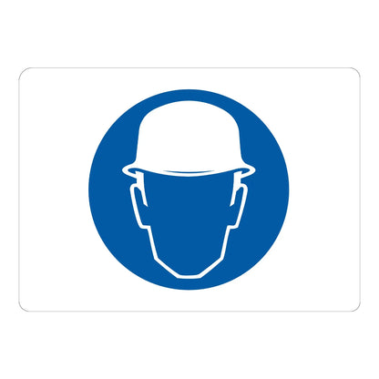 Hard Hat Head Protection Symbol Sign Sticker featuring a blue circular icon with a white hard hat graphic, ideal for marking mandatory PPE zones on job sites