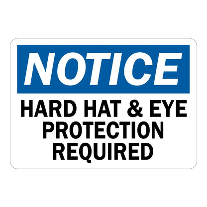 OSHA Notice: Hard Hats Must Be Worn in This Area Sign Sticker with a blue header and bold black text on a white background, for construction jobsite entrances