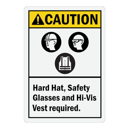 ANSI Caution: Hard Hat, Safety Glasses and Hi-Vis Vest Required sign sticker with a yellow header and three black icons for hard hat, glasses, and vest.