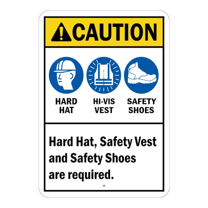 ANSI Caution: Hard Hat, Safety Vest and Safety Shoes Are Required Sign Sticker with blue PPE icons on white, ideal for marking construction job site entrances