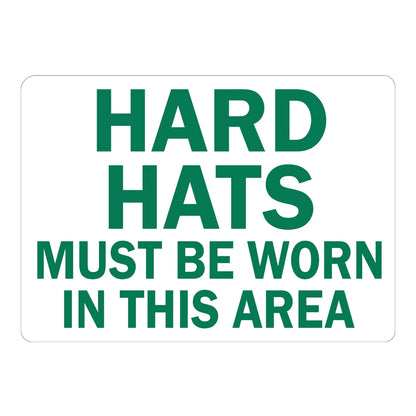 Warning: Hard Hats Must Be Worn in This Area Sign Sticker with bold green text on a white background, ideal for construction and industrial job site zones