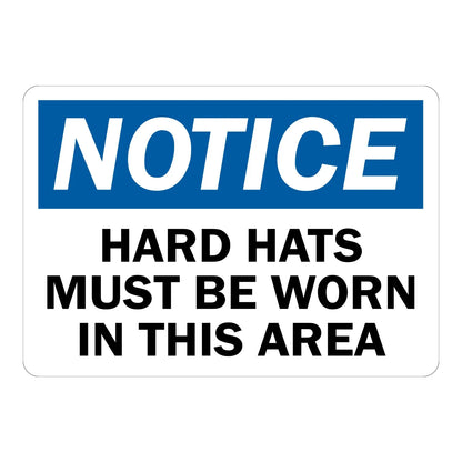 OSHA Notice: Hard Hats Must Be Worn in This Area Sign Sticker with a blue header and bold black text on a white background, for construction jobsite entrances