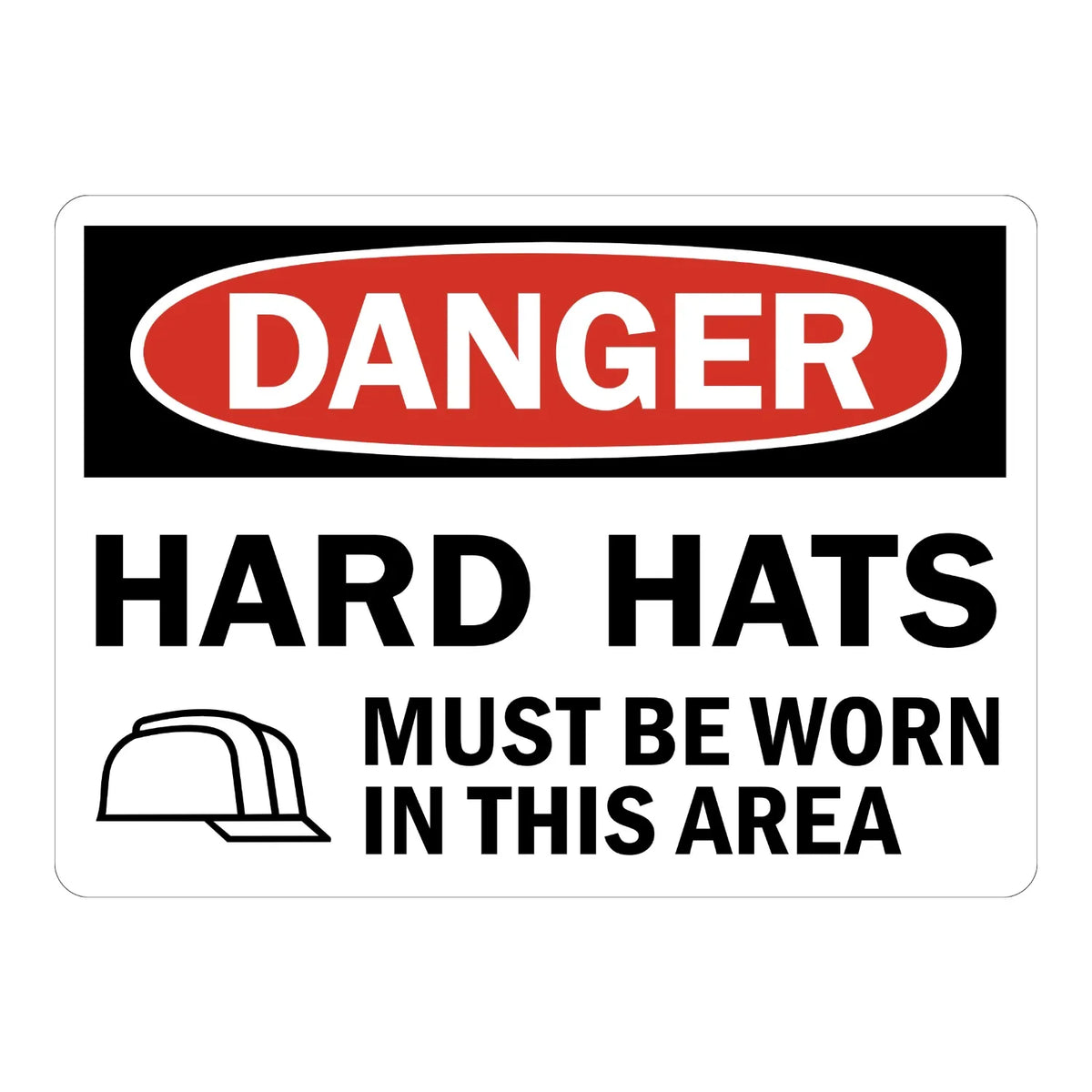 OSHA Danger: Hard Hats Must Be Worn in This Area Sign Sticker with a red oval header and a black hard hat icon on white, ideal for construction jobsite zones