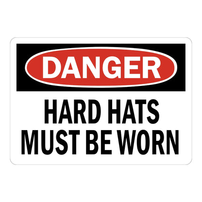 OSHA Danger: Hard Hats Must Be Worn Sign Sticker with a red oval header on a white background, ideal for marking construction and industrial jobsite entrances
