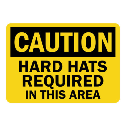 OSHA Caution: Hard Hats Required in This Area sign sticker featuring a bold black CAUTION header on a yellow background with bold black warning text below.