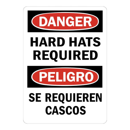 Bilingual OSHA Danger: Hard Hats Required / Se Requieren Cascos Sign Sticker in English and Spanish with red oval headers on a white background, ideal for construction job sites