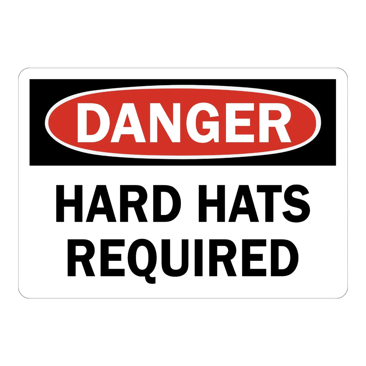 OSHA Danger: Hard Hats Required Sign Sticker with a red oval header on a white background, ideal for marking construction and industrial jobsite entrance points