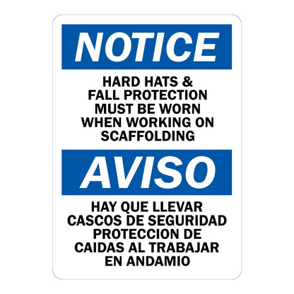 Bilingual OSHA Notice: Hard Hats & Fall Protection Must Be Worn When Working on Scaffolding Sign Sticker in English and Spanish with blue headers on white background