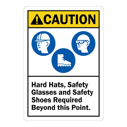 ANSI Caution: Hard Hats, Safety Glasses and Safety Shoes Required Beyond This Point Sign Sticker with blue PPE icons on white, for job site entry checkpoints
