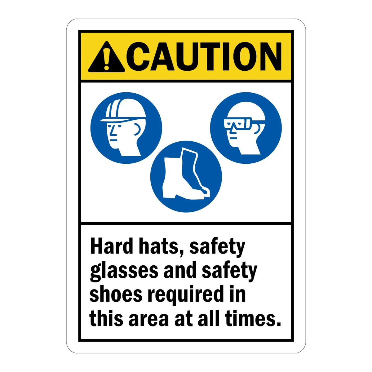 ANSI Caution: Hard Hats, Safety Glasses and Safety Shoes Required in This Area at All Times (With Graphic)