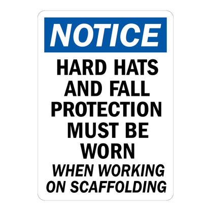 OSHA Notice: Hard Hats and Fall Protection Must Be Worn When Working on Scaffolding Sign Sticker with a blue header on white, for construction scaffold zones