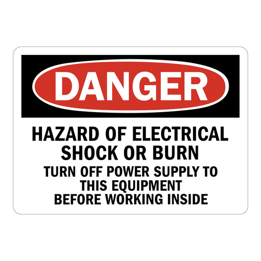 Spanish OSHA Danger Hazard of Electrical Shock Or Burn - Turn Off Power Supply To This Equipment Before Working Inside