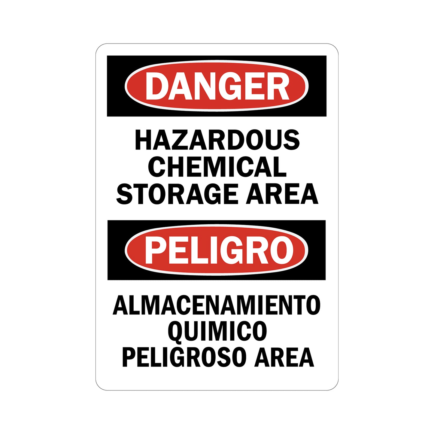 Bilingual OSHA Danger Hazardous Chemical Storage Area Peligro Almacenamiento Quimico Peligroso Sign Sticker for English and Spanish chemical hazard warnings in industrial and workplace environments