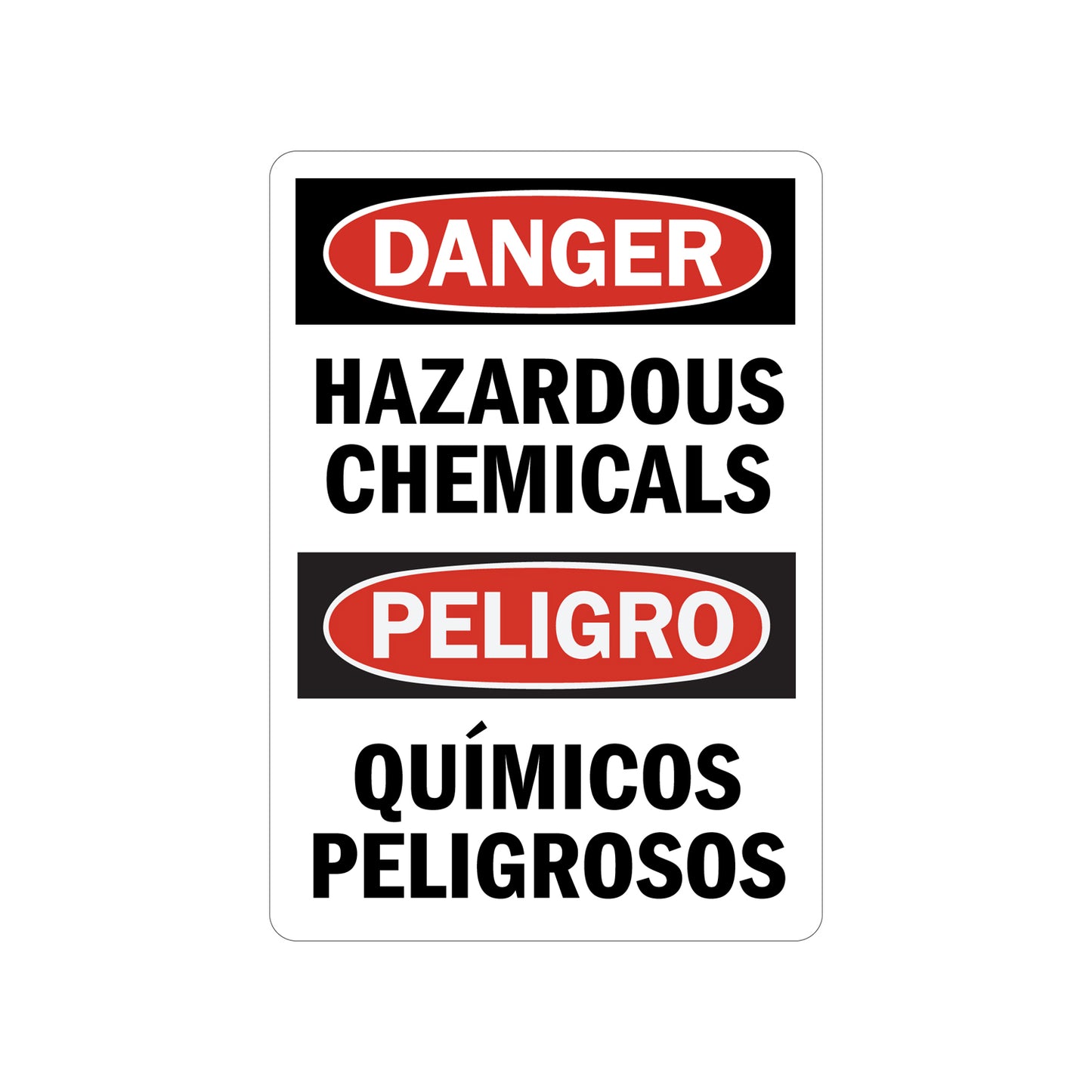 Bilingual OSHA Danger Hazardous Chemicals Peligro Quimicos Peligrosos Sign Sticker for English and Spanish hazardous chemical warnings in industrial and workplace environments