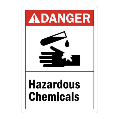 ANSI Danger Hazardous Chemicals Sign Sticker with red header and corrosive hazard icon showing chemical liquid burning a hand and skin contact