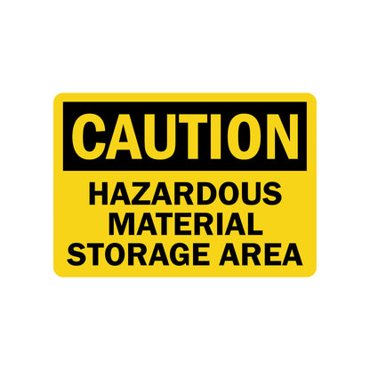 OSHA Caution Hazardous Material Storage Area Sign Sticker alerting personnel to designated hazardous material storage zones, yellow and black OSHA compliant design for industrial and workplace safety compliance