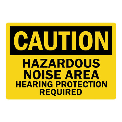OSHA Caution: Hazardous Noise Area - Hearing Protection Required Sign Stickers with bold black text on solid yellow background and black CAUTION header banner.