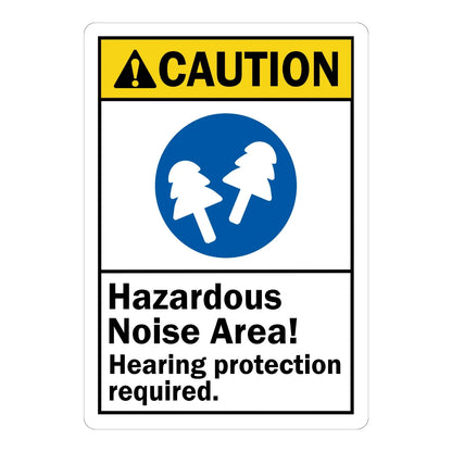 ANSI Caution: Hazardous Noise Area, Hearing Protection Required Sign Stickers with yellow header, blue circle earplug icon, and bold black text on white background.