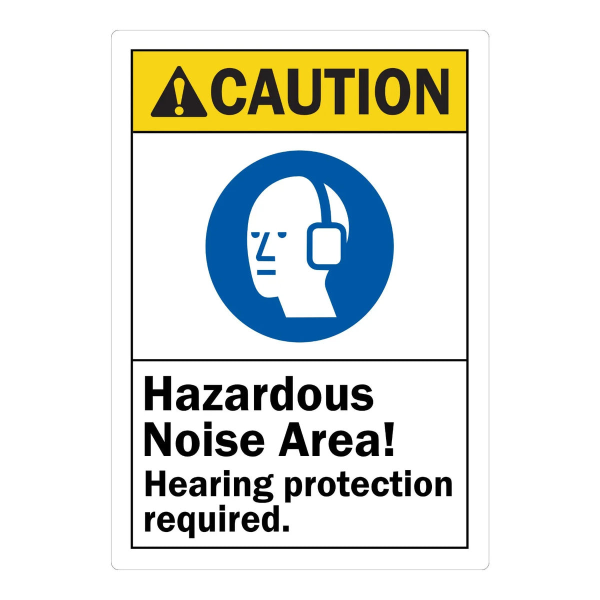 ANSI Caution: Hazardous Noise Area, Hearing Protection Required sign sticker featuring a yellow CAUTION header, a blue ear protection icon, and black text.