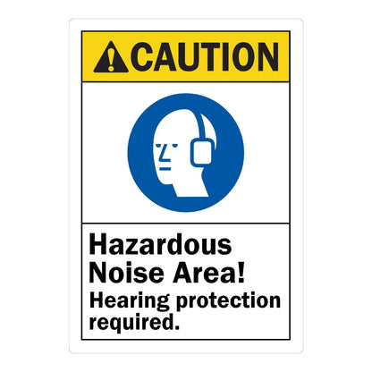 ANSI Caution: Hazardous Noise Area, Hearing Protection Required sign sticker featuring a yellow CAUTION header, a blue ear protection icon, and black text.