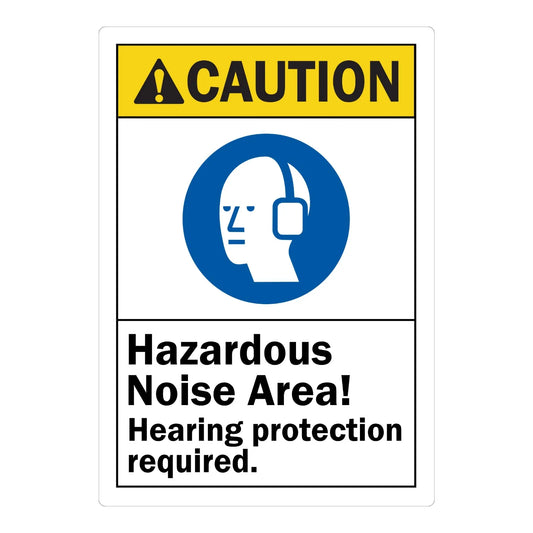 ANSI Caution: Hazardous Noise Area, Hearing Protection Required (With Man Wearing Ear Muffs Graphic)