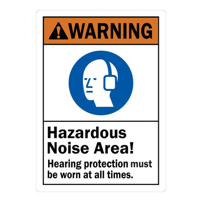 ANSI Warning: Hazardous Noise Area, Hearing Protection Must Be Worn at All Times sign sticker with an orange WARNING header, blue ear icon, and black text.