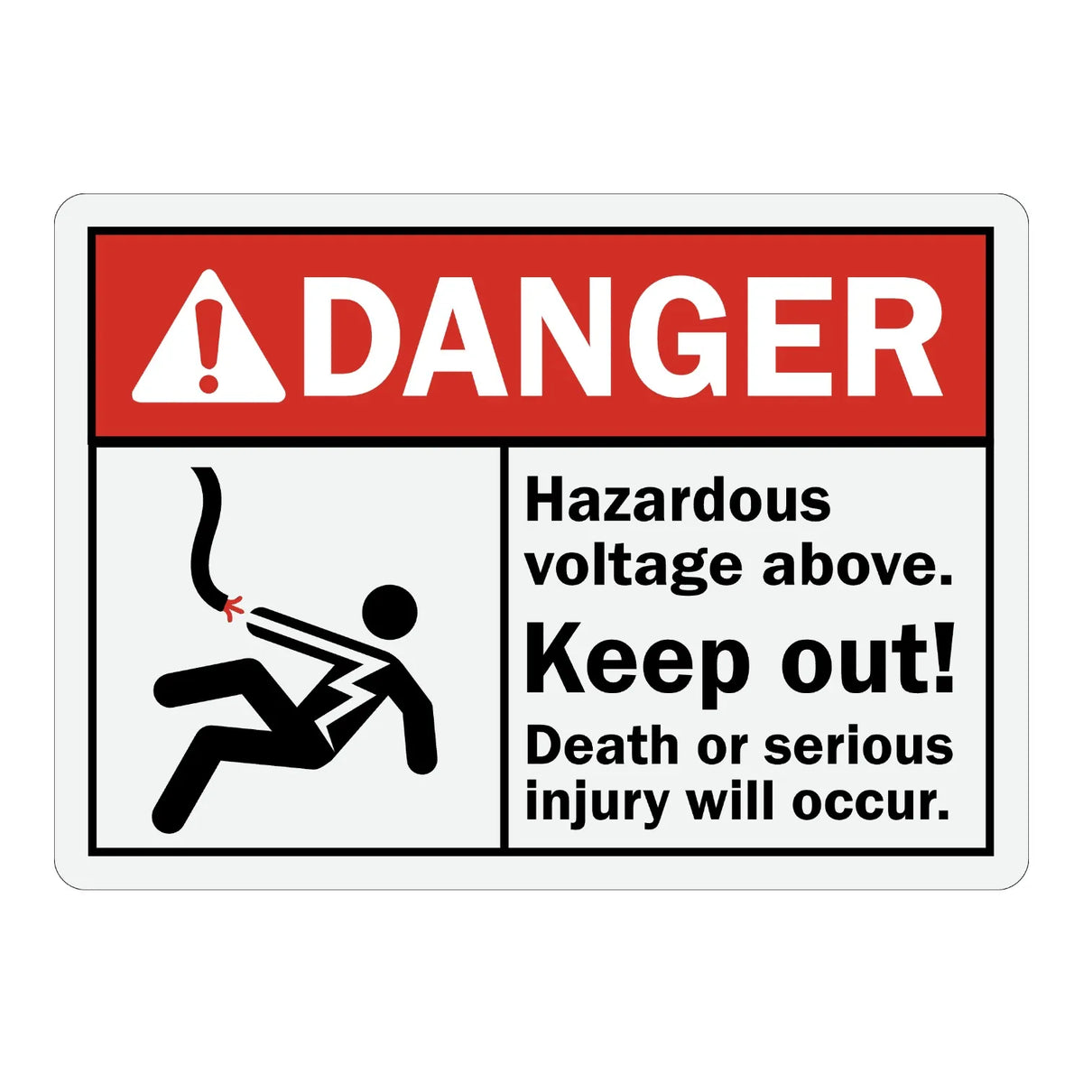 ANSI Danger: Hazardous Voltage Above, Keep Out Sign Sticker with red header and electrocution hazard icon showing a shocked figure, warning of death or serious injury risk.