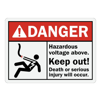 ANSI Danger: Hazardous Voltage Above, Keep Out Sign Sticker with red header and electrocution hazard icon showing a shocked figure, warning of death or serious injury risk.