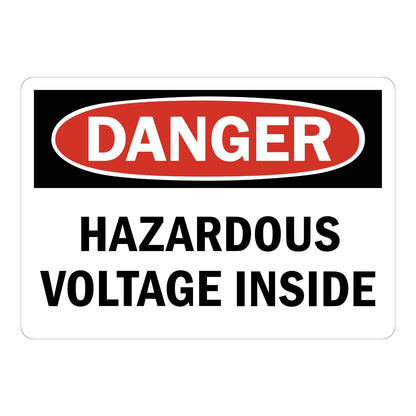 OSHA Danger: Hazardous Voltage Inside Sign Sticker with black and red DANGER header on white background and bold black text, warns of hazardous voltage inside panel.