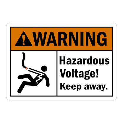 ANSI Warning: Hazardous Voltage, Keep Away Sign Sticker with orange header and electrocution hazard icon showing a shocked figure, warning of dangerous voltage exposure.