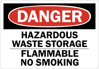 Danger Hazardous Waste Storage Flammable No Smoking Sign Sticker warning of hazardous waste area with flammable materials, prohibiting smoking, OSHA compliant, for workplace safety