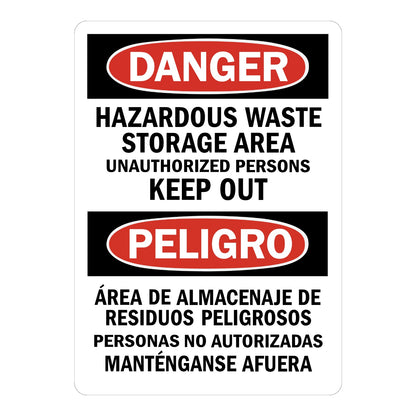Bilingual OSHA Danger Hazardous Waste Storage Area Sign Sticker in English and Spanish, with red and black DANGER PELIGRO headers warning unauthorized persons to keep out
