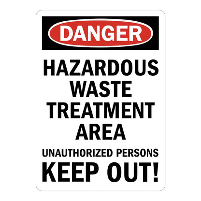 OSHA Danger Hazardous Waste Treatment Area Sign Sticker with white background, red and black DANGER header, warning unauthorized persons to keep out 