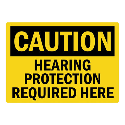 OSHA Caution: Hearing Protection Required Here sign sticker featuring a bold black CAUTION header on a yellow background with bold black warning text below.