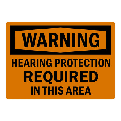 OSHA Warning: Hearing Protection Required in This Area sign sticker featuring a bold black WARNING header banner on an orange background with black text.