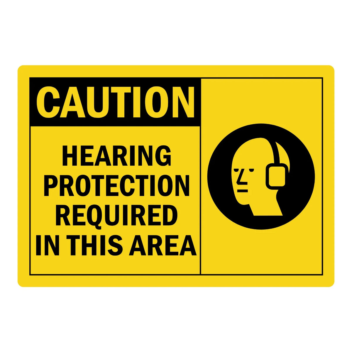 OSHA Caution: Hearing Protection Required in This Area (With Graphic) Sign Stickers with bold black text on yellow background and black ear protection icon panel.