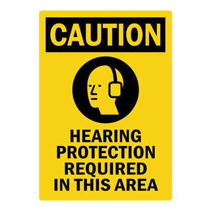 OSHA Caution: Hearing Protection Required in This Area sign sticker featuring a bold black CAUTION header, an ear protection icon, and black text on yellow.