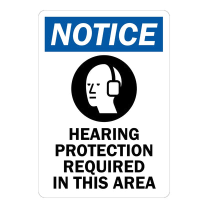 OSHA Notice: Hearing Protection Required in This Area Sign Stickers with bold blue header, black ear protection icon, and bold black text on white background.