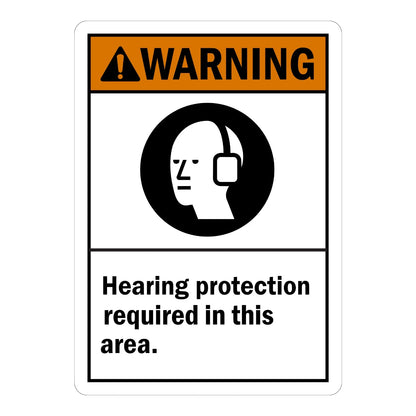 ANSI Warning: Hearing Protection Required in This Area sign sticker featuring an orange WARNING header, a black ear protection icon, and black text below.