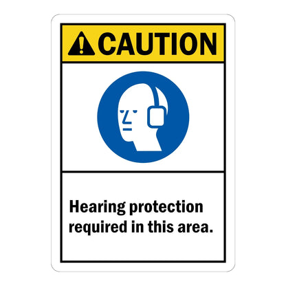 ANSI Caution: Hearing Protection Required in This Area sign stickers: yellow CAUTION header, blue circular ear muff icon, bold black instructional text below.